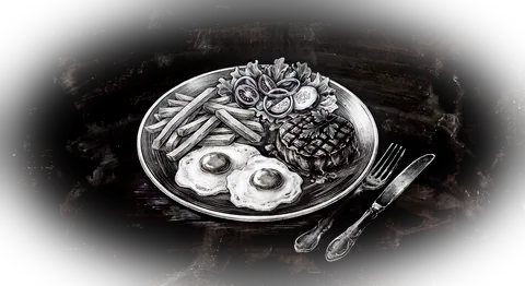 Plato combinado con filete, huevos, patatas y ensalada
